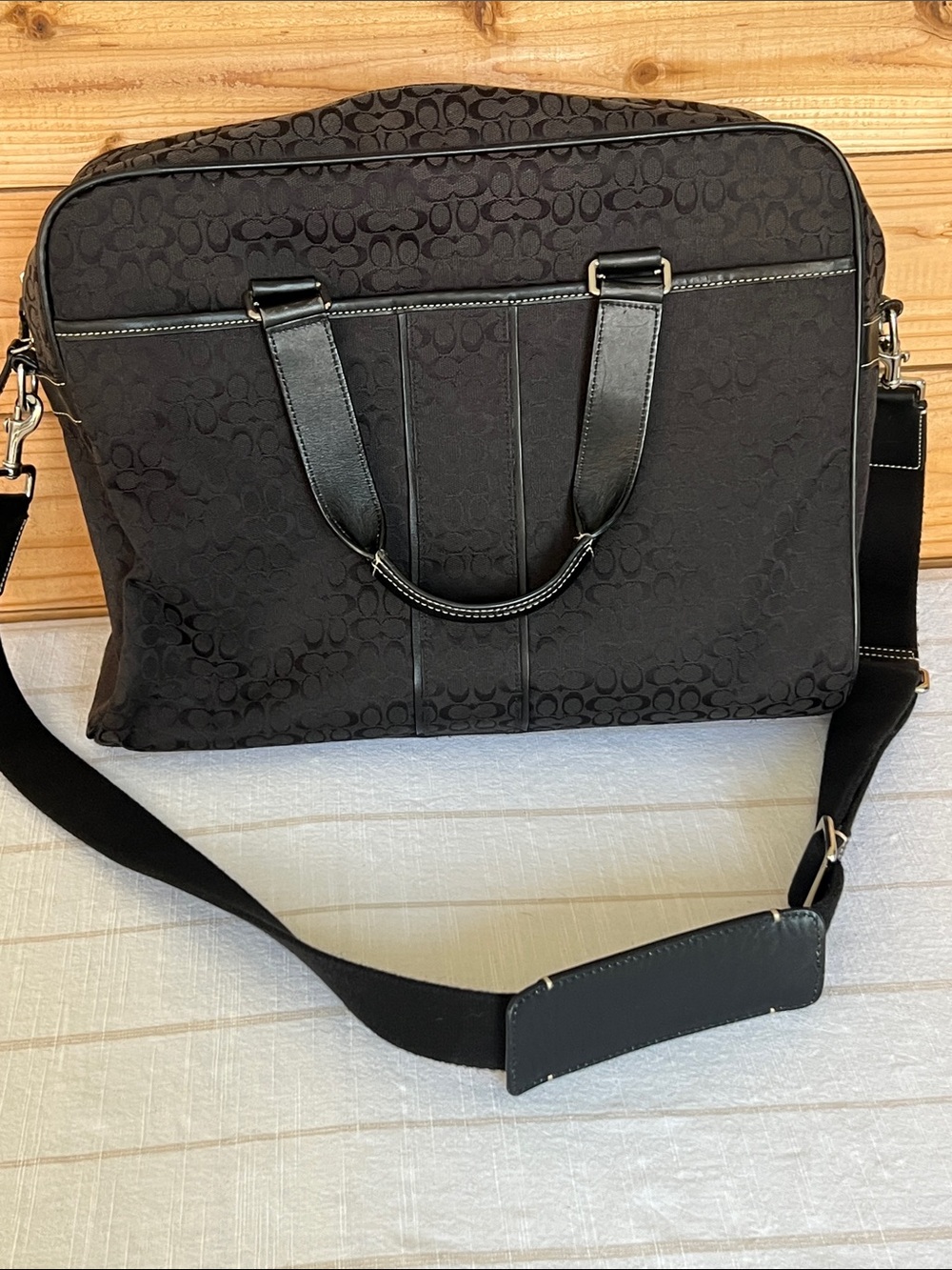 Coach Men's Black Signature Laptop Briefcase with Shoulder Strap